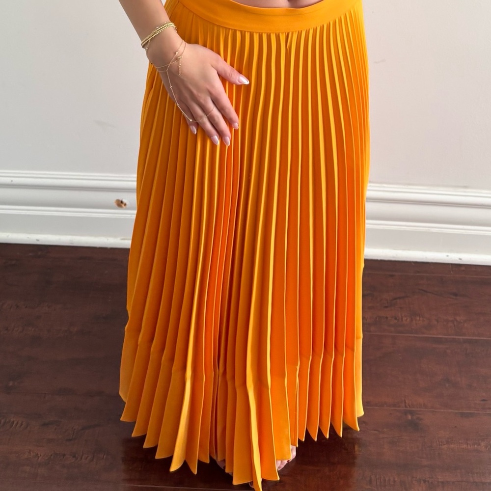Zara Bright Orange Pleated A-Line Maxi Skirt